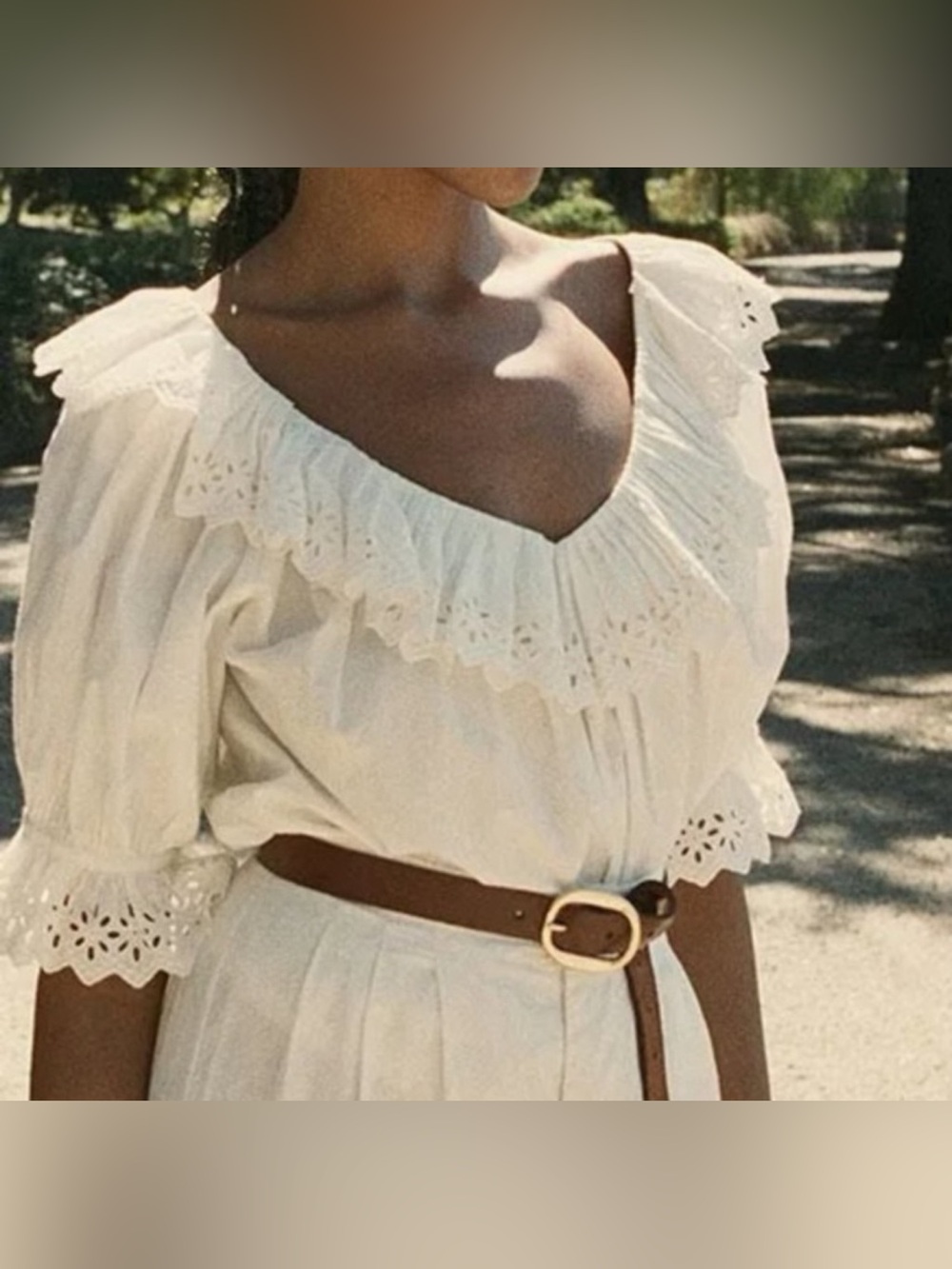 Doen Women’s Cream Eyelet Ruffle V-Neck Blouse, like new M